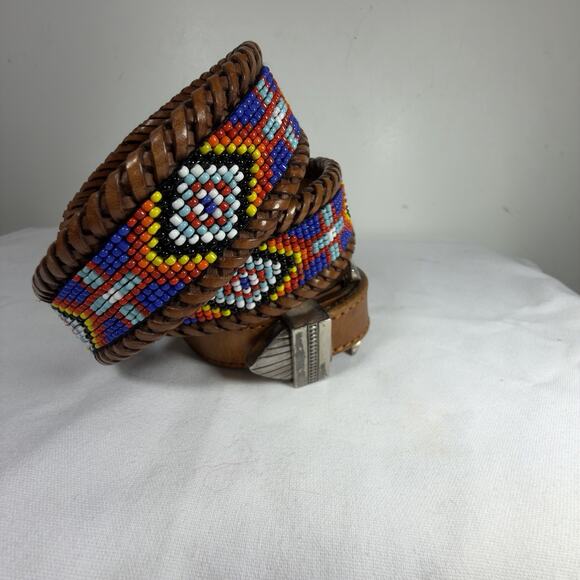 Vintage Brighton Collectables Southwestern Beaded Leather Belt Braided Trim 32 main image 8